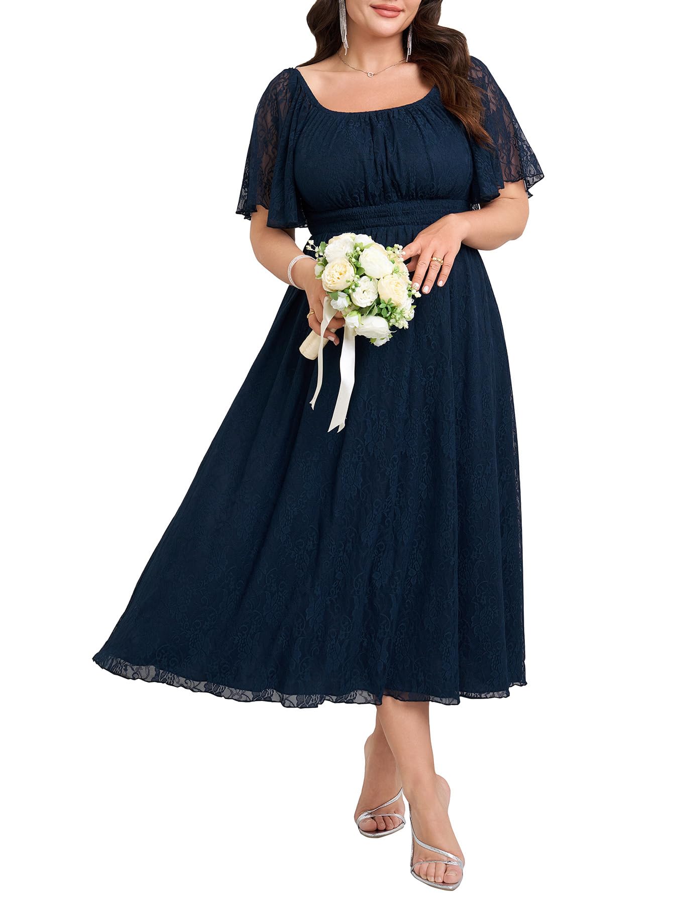 Photo 1 of SHESTARR Women's Plus Size Wedding Guest Dress Lace Square Neck Short Sleeve Flowy A Line Formal Maxi Dresses Navy Blue