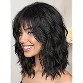 Lativ Black Wigs for Women Short Wavy Curly Bob Wig with Bangs Shoulder Length 14 Inches Synthetic Hair for Daily Party Use