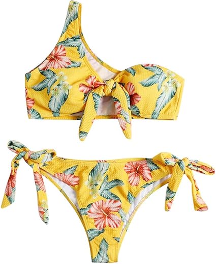 Amazon Co Jp レディース ツーピース水着 セクシー ワンショルダー 花柄プリント パッド入り バンドゥトップ ビキニセット 蝶結びフロント サイドタイ 水着 ビーチウェア M イエロー Buolo ホーム キッチン