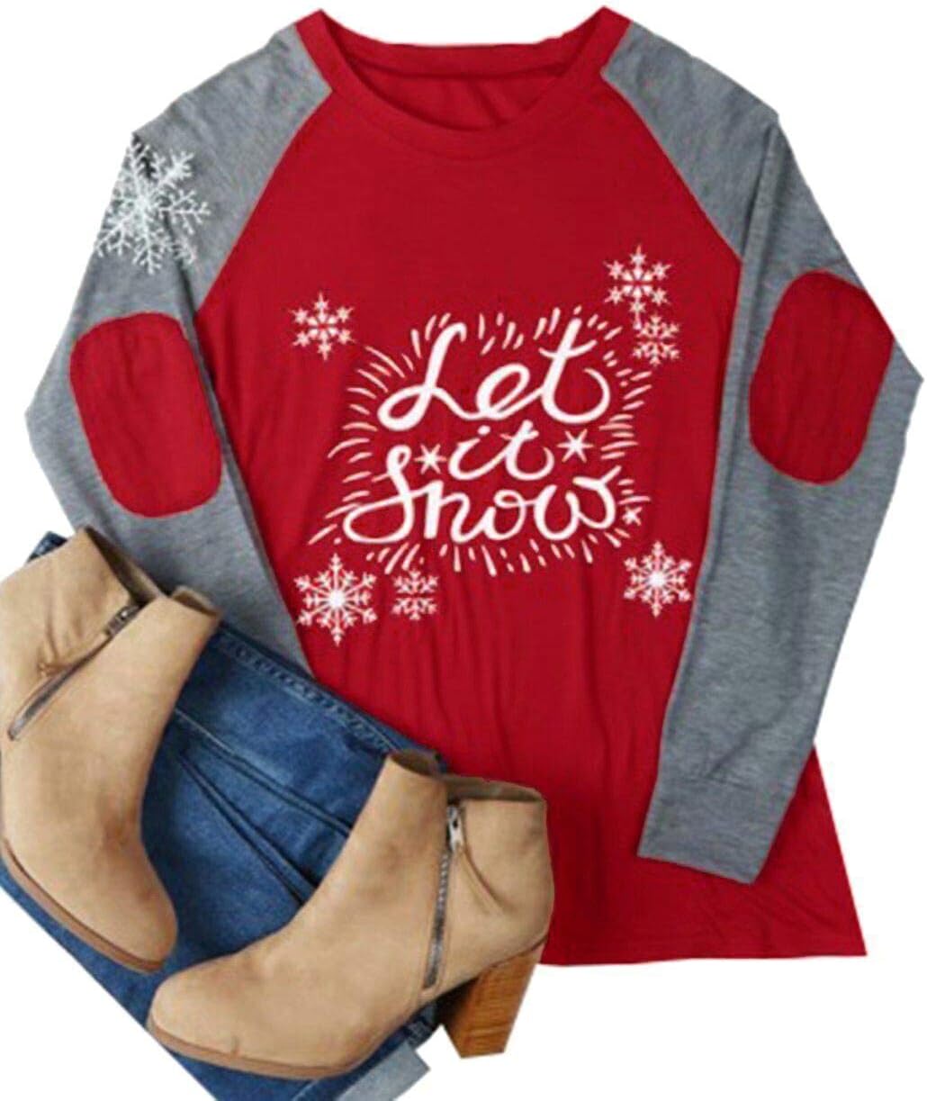Let It Snow Christmas T Shirt Women Snowflake Cute Holiday Shirt Elbow Patch Raglan Baseball Tees Tops Blouses