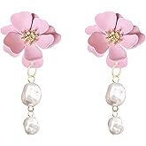 Aishgjia Gold Plated Floral Flower 2 Pearl Tassel Earrings for Women Bohemian Drop Dangle Earrings