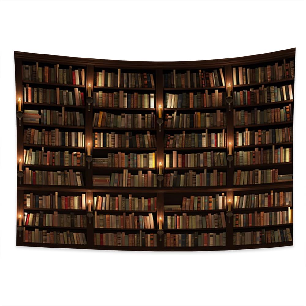 YONGFOTO 220x150cm Vintage Bookshelf Tapestry, Old Library Bookcase Tapestries Wooden Bookshelf Candlestick Candle Books Wall Hanging Tapestry for Living Room Dorm Decor Sofa Carpet Blanket