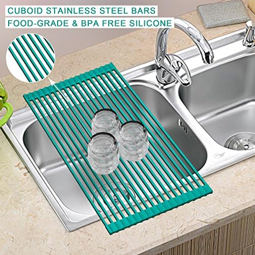 AphroD Roll-Up Dish Drying Rack,Over the Sink Dish Drainer Rack, Stainless Steel Multipurpose Dish Drying for Tableware, Fruits Veggies, Silicone Wrapped Folding Dish Drainer (Lake Blue)