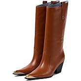 THESHY Women's Western Knee High Boots Leather Cowboy Chunky Block Heel Boot Pointed Toe Pull on Fashion Dress Party Boots for Women