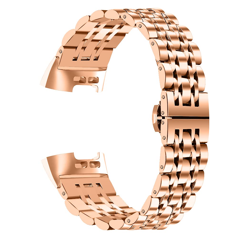 Ginamart Compatible with Fitbit Charge 4/Charge 3 Strap for Women Men, Metal Stainless Steel Wristband Replacement Wrist Strap Band Bracelet for Fitbit Charge 3 SE (Rose Gold)