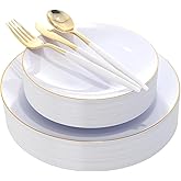 DaYammi 30 Guests Gold Plastic Plates with Disposable Silverware,Gold Cutlery with White Handle,White Disposable Dinnerware:60 Dinner/Dessert Plates,90 Plastic Silverware Set,Gold Plate for Party