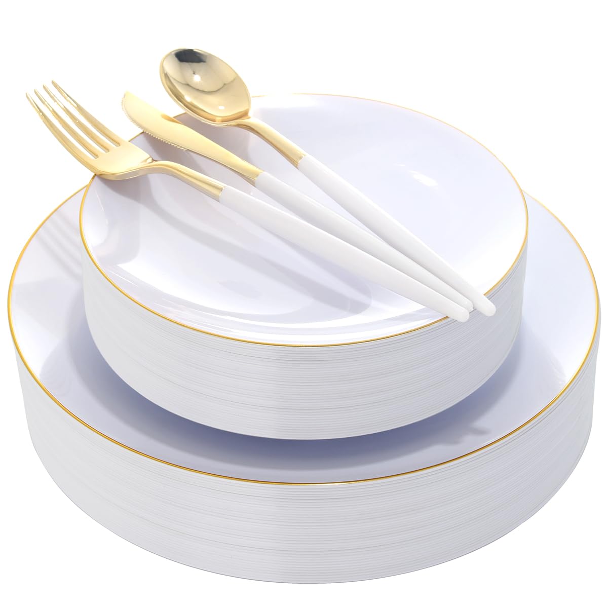 Photo 1 of DaYammi 30 Guests Gold Plastic Plates with Disposable Silverware,Gold Cutlery with White Handle,White Disposable Dinnerware:60 Dinner/Dessert Plates,90 Plastic Silverware Set,Gold Plate for Party