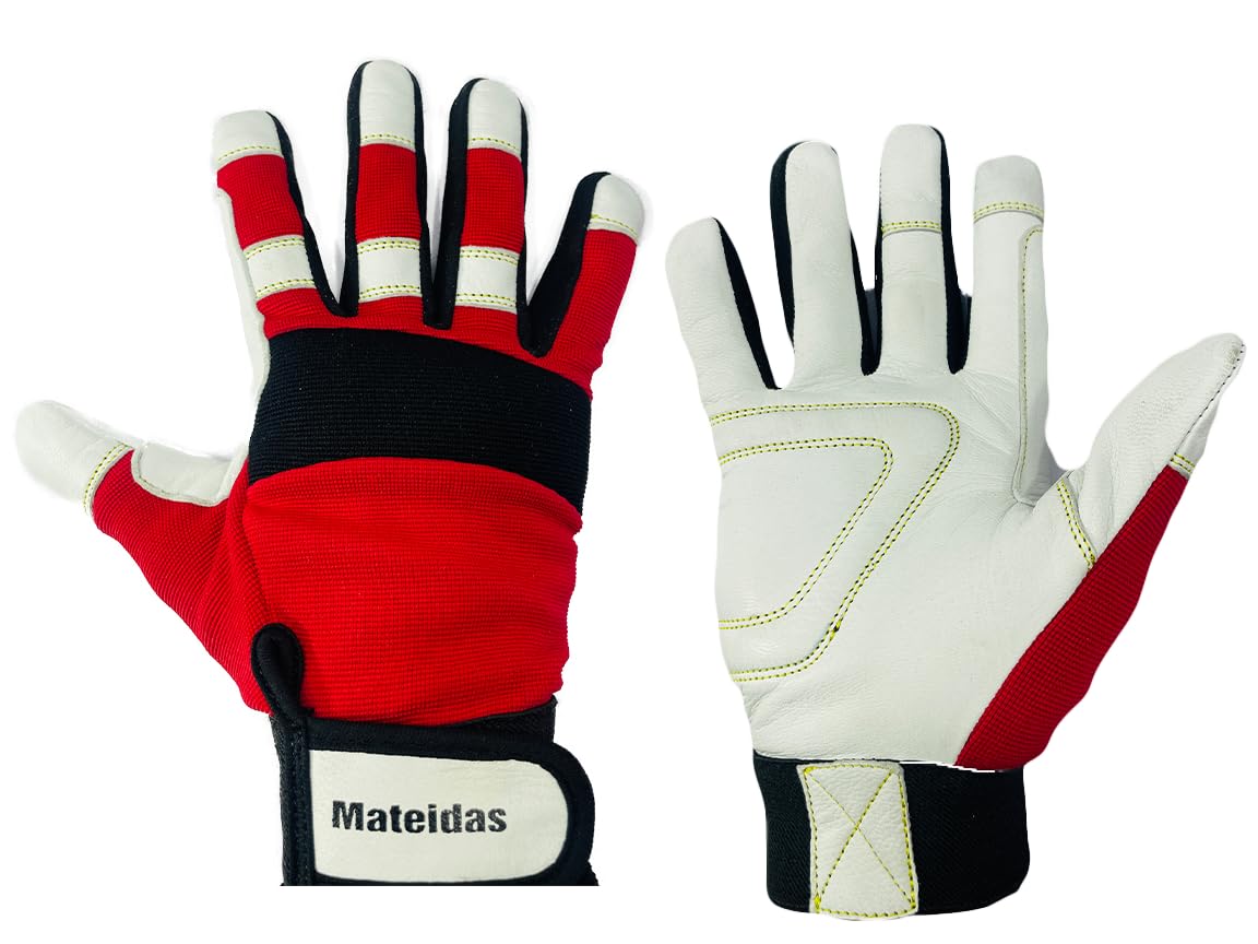 Mateidas Gardening gloves work gloves for men leather gloves women thorn proof gardening gloves for women mechanics gloves multipurpose garden outdoor household (Read and White, Medium)