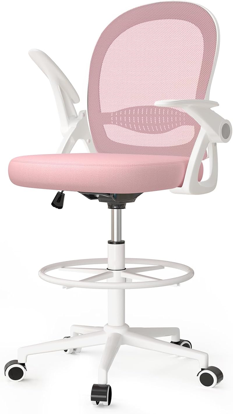 nasPaluro Drafting Chair Tall Ergonomic Office Chair Pink Flip-Up Arms