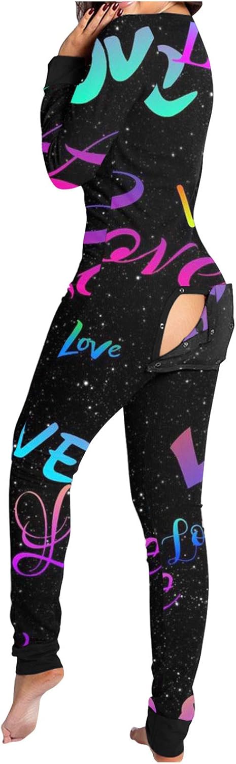 POTO Women Sexy Onesies Pajamas Heart Printed Jumpsuits Rompers Butt Button Flap Long Sleeve Bodysuit V Neck Sleepwears