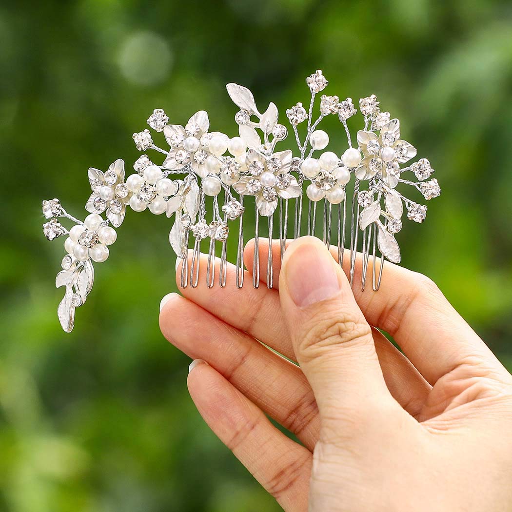 IYOU Bridal Wedding Hair Comb Silver Flower Crystal Hair Pieces Rhinestone Bridal Headpieces Pearl Bride Hair Accessories for Women