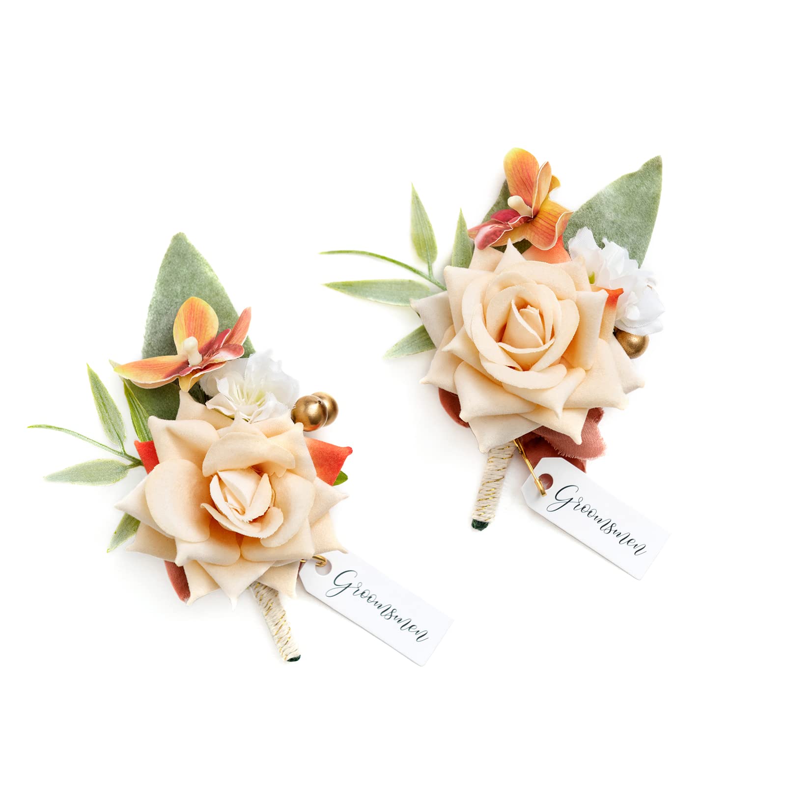 Photo 1 of Ling's Moment Boutonniere for Men, 2pcs Groom Groomsmen Guest Boutonniere, Artificial Flowers for Wedding/Prom/Homecoming, etc.Fall Terracotta Orange