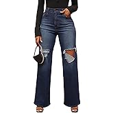 KnoInt Women's Wide Leg Straight Jeans High Waisted Baggy Stretch Loose Denim Pants