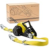 STRAPINNO Retractable Ratchet Tie-Down Strap - 1.5 in x 20 ft Heavy-Duty Strap with Double-J Hooks, D Rings, Tangle-Free Webbing, 6,600lbs Breaking Strength and 2,200lbs Working Load Limit (1 PC)