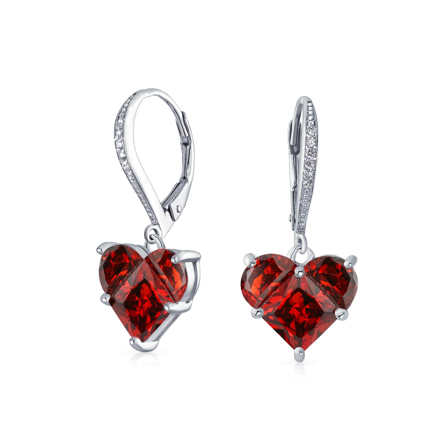 Bridal Anniversary Wedding Romantic 4CT AAA CZ Red Heart Shaped Cubic Zirconia Dangle Lever back Earrings For Women Girlfriend Invisible Cut .925 Sterling Silver