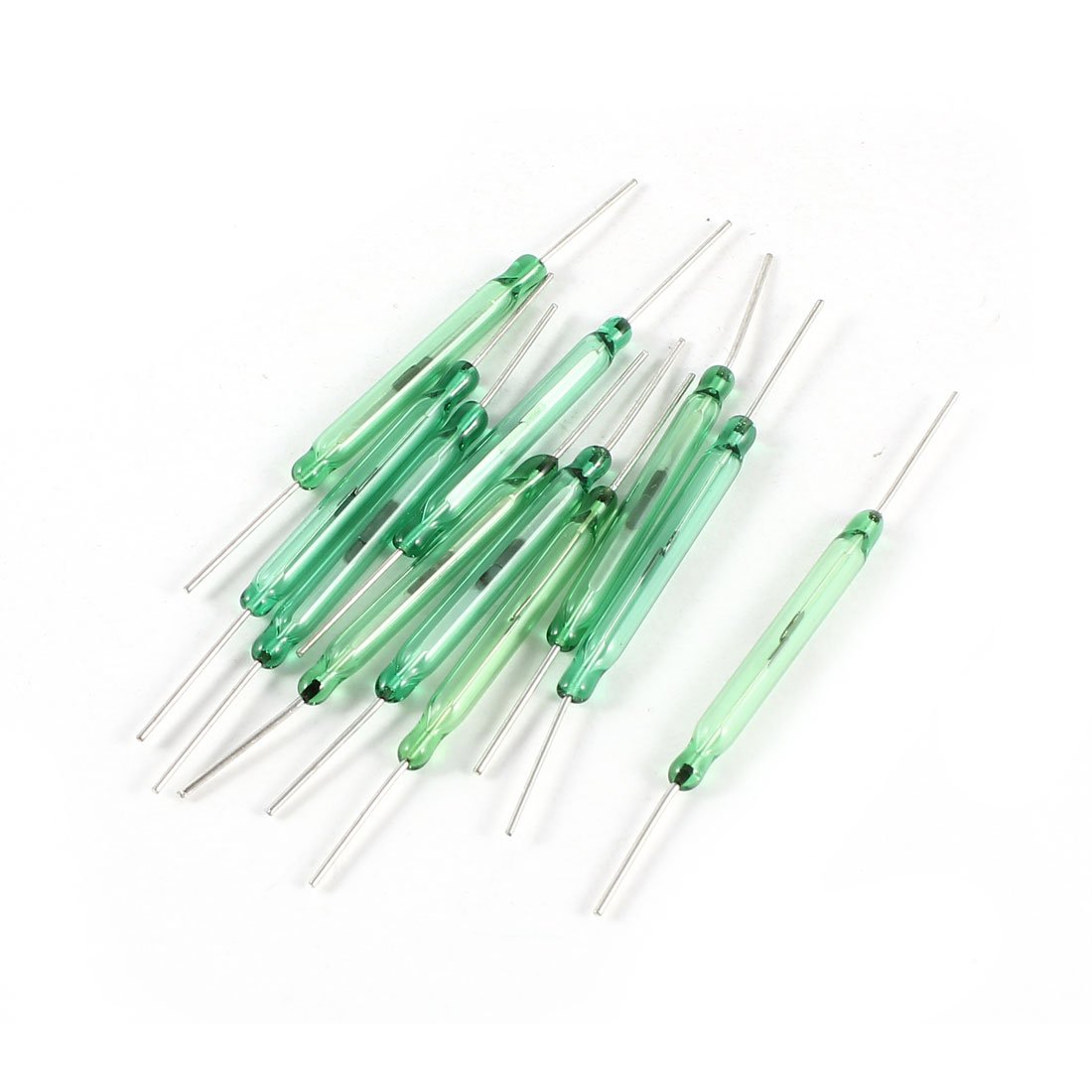 sourcing map 10 x Silver Tone Round Leads Green Glass Tube NO Reed Switch 28mm