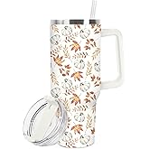 FYSUIMU Fall Tumbler with Straw and Lid White Pumpkin Leaves Stainless Steel Travel Coffee Tumbler Cup with Handle for Autumn Thanksgiving Party Home Office Supplies