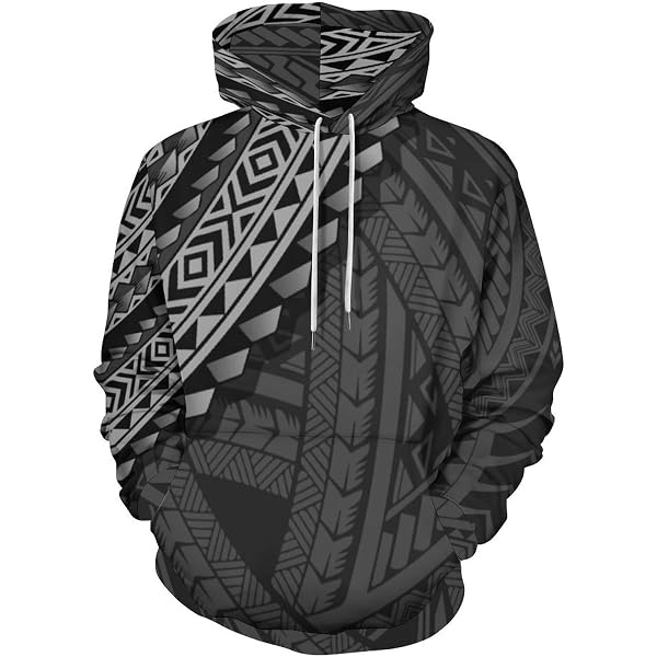 GLUDEAR Men's Polynesian Tribal Print Zip Hoodie - Long Sleeve Sweatshirt, Traditional Samoan Design, Orange Blue Plumeria, 5X-Large