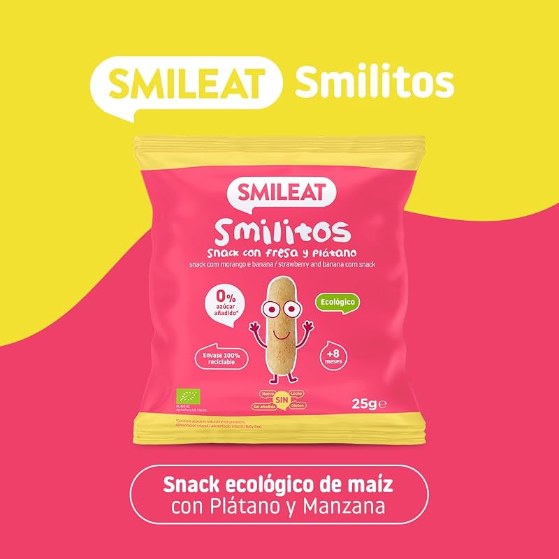- Smilitos Snack - Sabor a Fresa y Plátano - Merienda Divertida para Peques Desde 8 Meses - 1 Bolsa de 25g