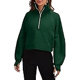 Heltapy Womens Sweatshirts Half Zipper Crop Pullover Funnel Neck Fleece Lined Zip Up Long Sleeve Tops Thumb Hole Green