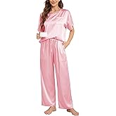 Nanxson Womens Satin Pajama Nightwear 2 Piece Loungewear with Pockets Soft Sleepwear Silky Short Sleeve Shirt with Long Pant