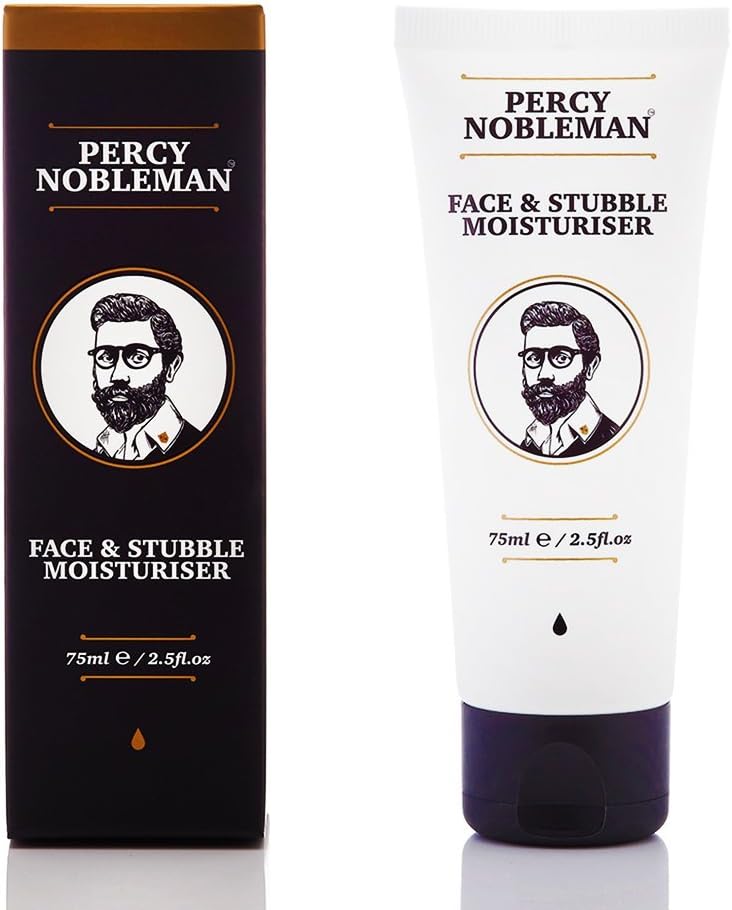 Face and Stubble Moisturiser by Percy Nobleman 75ml. A Moisturising Facial Treatment Cream for Men. 98% Naturally Derived and Scented with Peppermint & Cucumber. The Ultimate Non-Greasy Lotion That Moisturises and Softens Your Skin & Facial Hair.