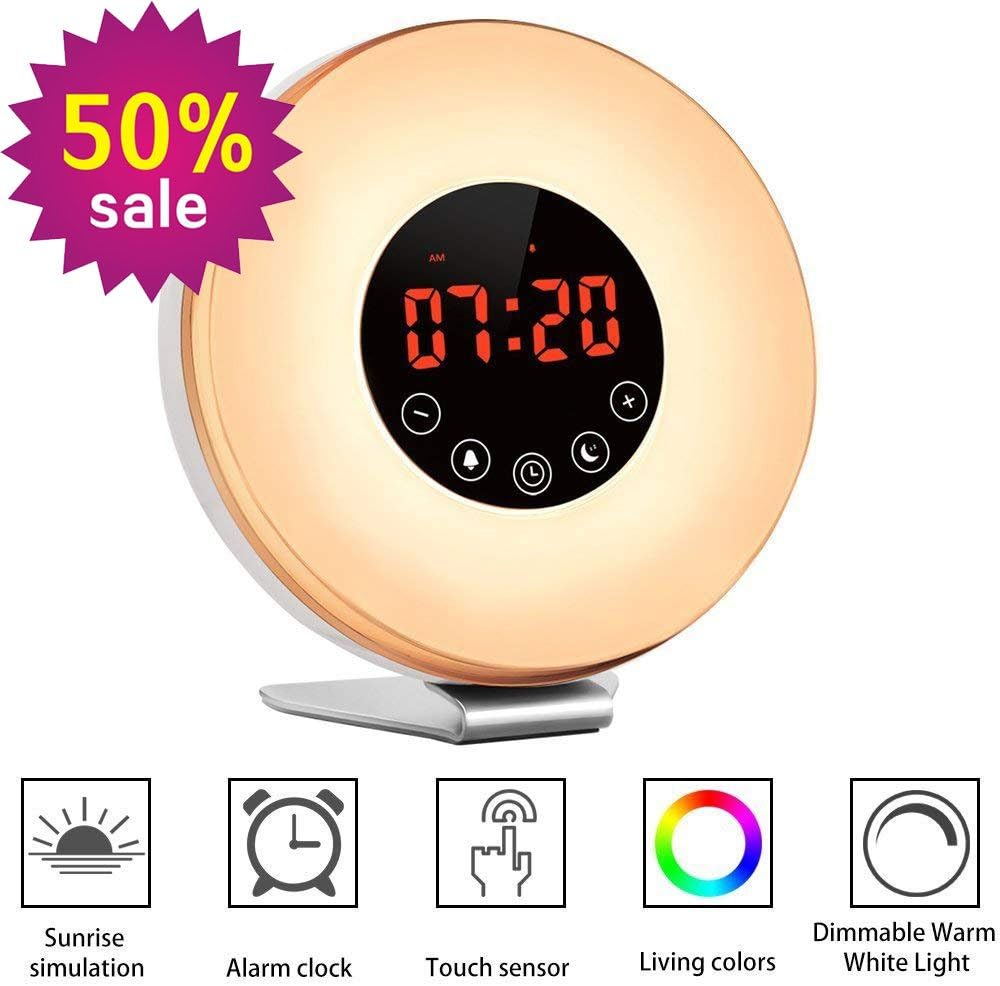 Alarm Clock,Witmoving Wake Up Light Bedside Sunrise Simulator with Brightness Automatic Adjustment, Nature Sounds,FM Radio,Night Light,Easy Set Up via Touch Control,Powered by Battery or USB Charger