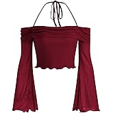 GORGLITTER Women's Bell Sleeve Off The Shoulder Tops Mesh Long Sleeve Ruched Halter Crop Top