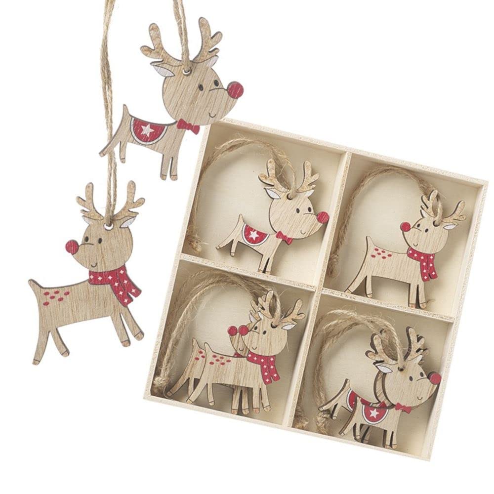 Heaven Sends 8 Wooden Reindeer Christmas Tree Decorations, Novelty Flat Baubles