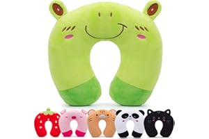 H HOMEWINS Travel Pillow for Kids,Cute Animal Neck Pillow for Boys Girls,Soft Neck Head Chin Support Pillow,Travel Accessories for Airplane, Car, Train,Recline(Frog)