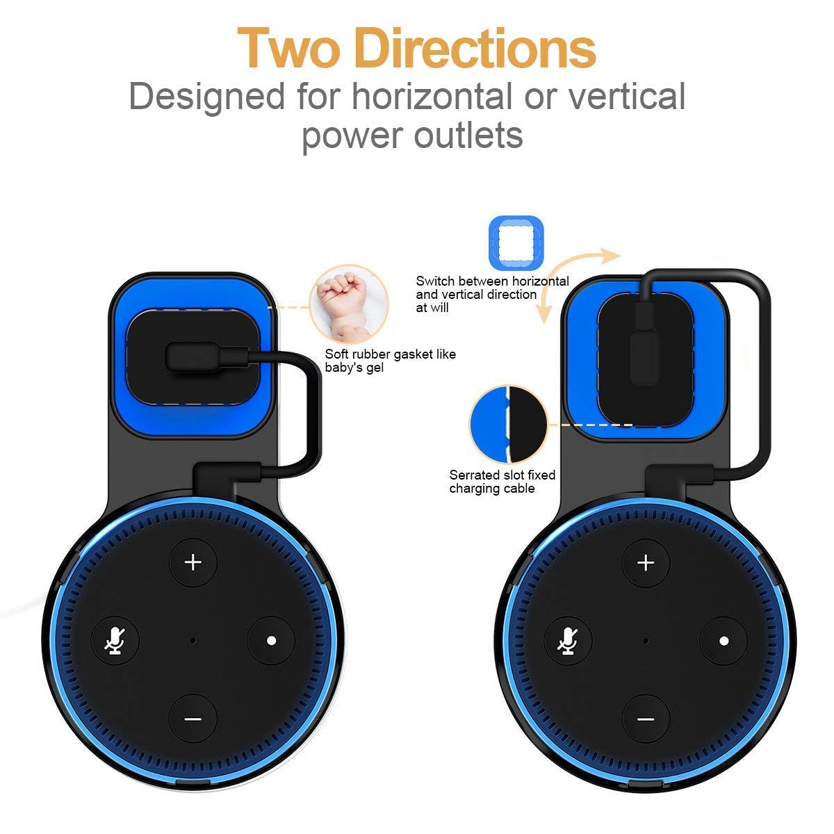 2 Packs Echo Dot Wall Mount Outlet Hanger - Idealife Speakers Holder for Echo Dot 2nd Generation Echo Dot Holder with Alexa Short Charging Cable, Space-Saving Speaker Hanger (Black)