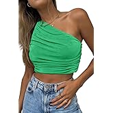 CHYRII Women's Sexy Sparkly One Shoulder Crop Tops Sleeveless Ruched Tank Tops