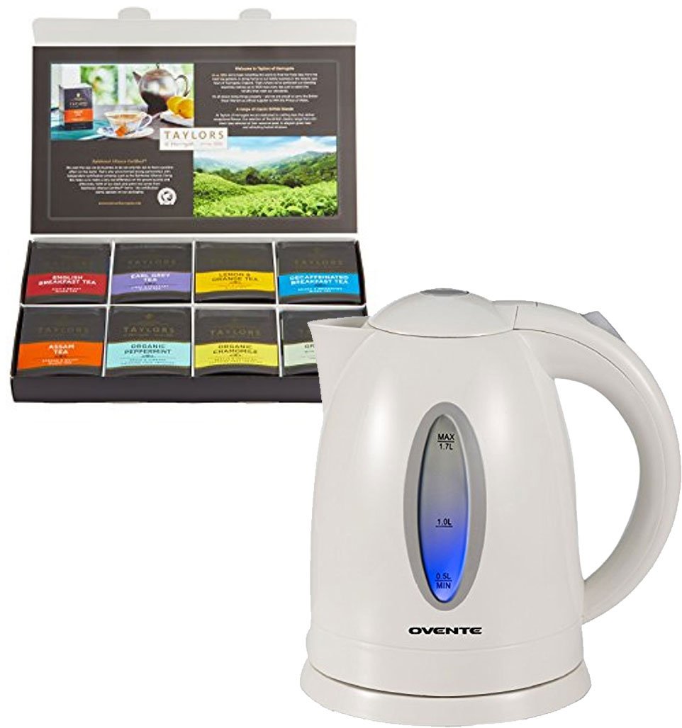 Bundle Includes 2 Items - Ovente 1.7 Liter BPA Free Cordless Electric Kettle, White (KP72W) and Taylors of Harrogate Classic Tea Variety Box, 48 Count