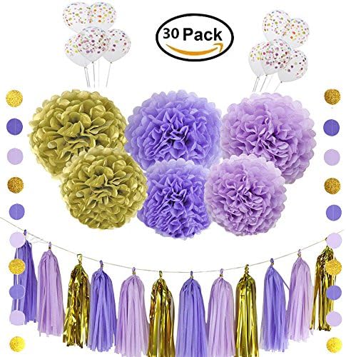 WOWENWO 30Pcs Craft Party Decoration Kit Tissue Paper Tassel Garland Paper Pom Flower Circle Garland with 12" Confetti Balloons for Birthday Wedding Party Decorations(Purple Series)