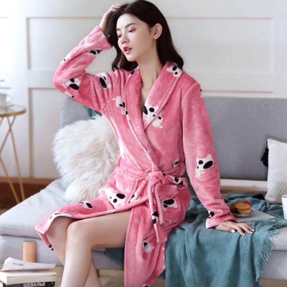 HNLZGL Soft Blue Robes Women Long Bathrobe Cow Printed Flannel Winter