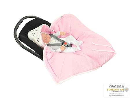 MoMika NEU - Einschlagdecke, Universal für Babyschale, Autositz, für Kinderwagen, Buggy oder Babybett, aus Waffelpique (Pink)