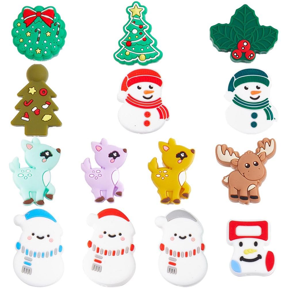 SUNNYCLUE 1 Box 14Pcs Christmas Silicone Beads Silicone Focal Beads Bulk Snowman Christmas Tree Shaped Beaded Reindeer Animal Shapes Large Beads for Pens Lanyard Garland Keychain Making Supplies — image 1