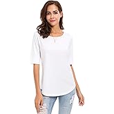 BeauNerine Women's Cotton Tops Scoop Neck Elbow Length Sleeve T Shirts Summer Basic Tunic Tee