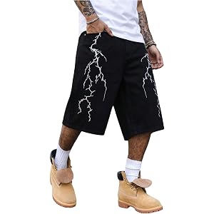 GORGLITTER Men's Lightning Jean Shorts Graphic Wide Leg Denim Bermuda Shorts Y2k Summer Jorts Streetwear
