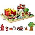 SainSmart Jr. Train Set for Toddlers, Portable Fire Station Log Cabin 66 PCS, Take-Along Tabletop Railroad with Building Block for Toddlers and Kids Ages 3+