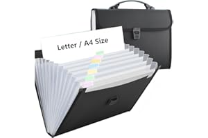 12 Pockets Letter Size/A4 Accordion File Organizer with Handle, TRANBO Expanding File Folder, Portable Paper Organizer, Expandable Plastic Document Organizer for Travel School Office - Black