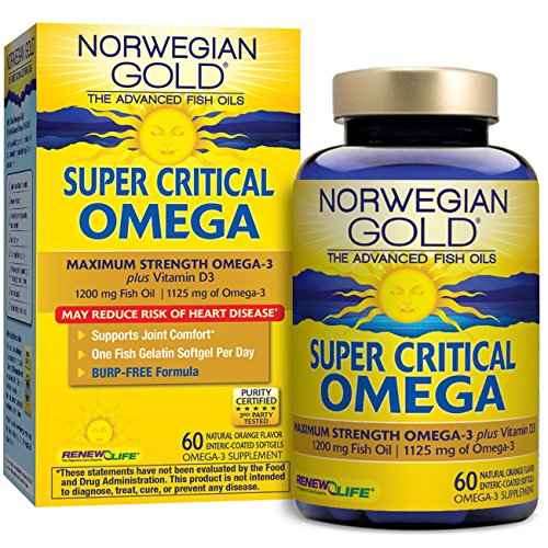 Norwegian Gold - Super Critical Omega - Omega 3 fish oil supplement - burpless - brain, heart, and joint health -60 softgel capsules - a Renew Life brand