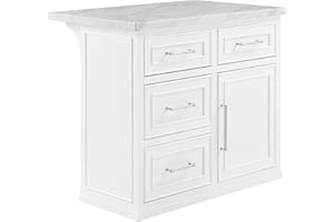Crosley Furniture Cutler Faux Marble Top Kitchen Island with Storage, Breakfast Bar, Microwave Stand, White