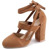 Bcshiye Women's Chunky Heel Ankle Strap Sandals - Lace-Up Round Toe Dressy Pumps