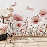 Runtoo Pink Flower Wall Decals Boho Poppy Garden Floral Wall Stickers for Girls Bedroom Nursery Living Room Decor