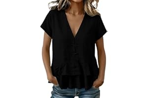 Borniu Womens Summer Babydoll Peplum Blouses Tops Loose Casual Short Sleeve V-Neck Henley Ruffle Hem Cute Boho Tunic Shirts