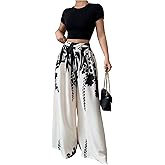 MakeMeChic Women's Floral Wide Leg Pants Flowy Palazzo Pants High Waisted Business Trousers