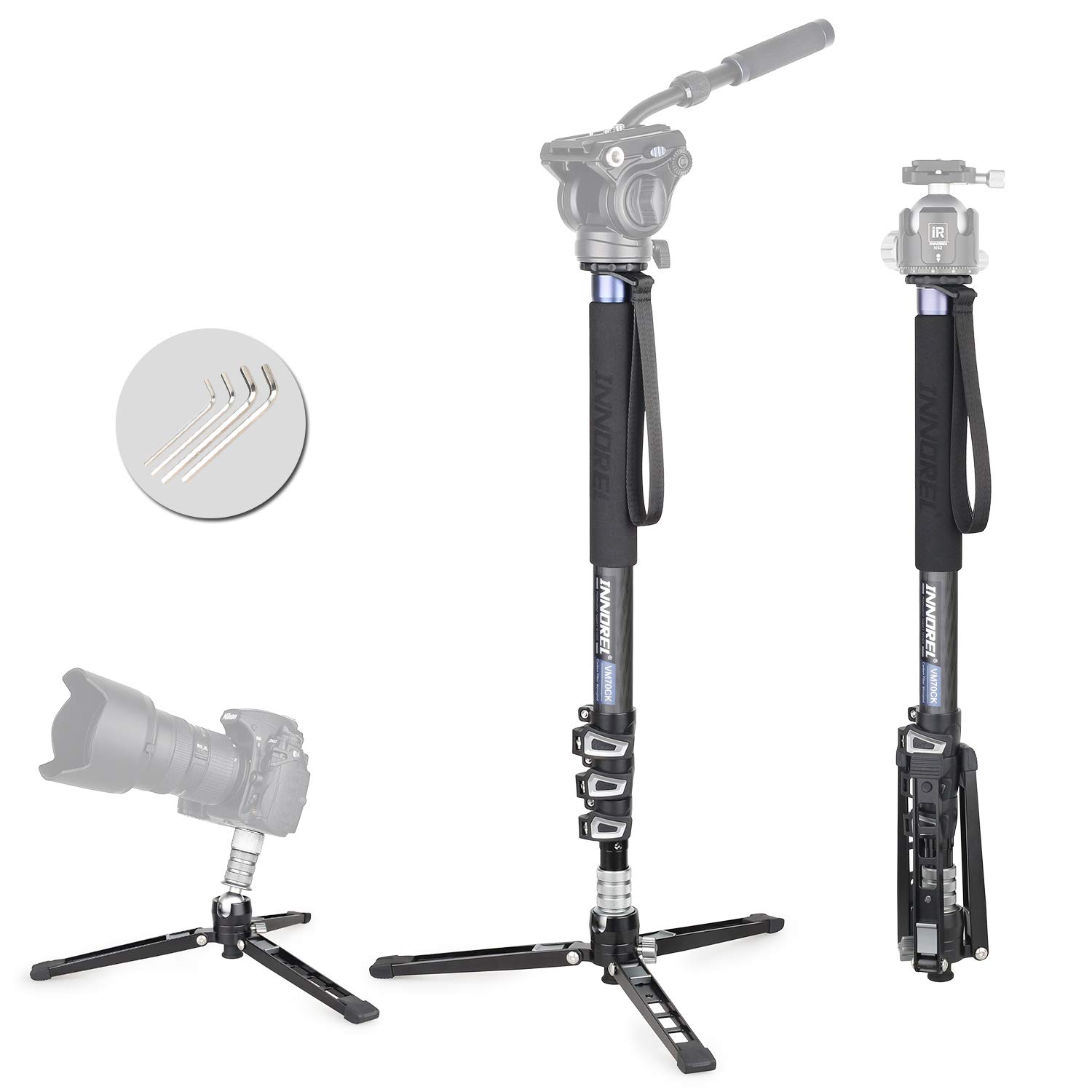 Professional Carbon Video Monopod INNOREL VM70CK Removable Tripod Base and Flexible Monopod Stand for DSLR Telescopic Camera Camcorders NOT Include Head, Monopod Only