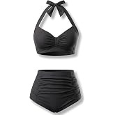 Holipick Women's High Waisted Bikini Set | Halter V-neck, Removable Pads, Ruched Tummy Control, Full Coverage, for Beach,Pool, and Vacation