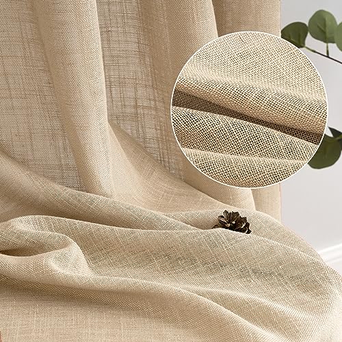 Woaboy Linen Curtains with Frunction Tape Curtains Bedroom Window Translucent Modern Curtains for Living Room Bedroom 2 Pieces 140 x 245 cm Beige